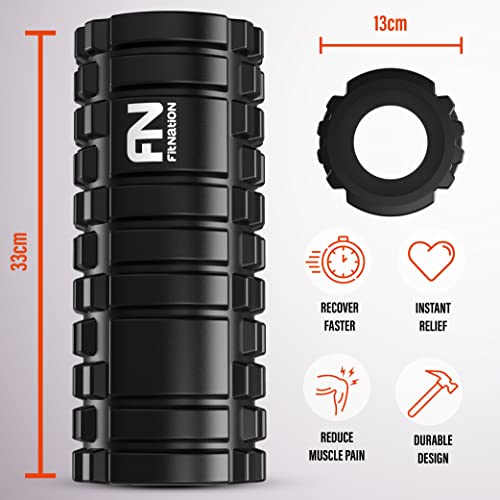 Foam Roller - Rodillo de espuma para masaje muscular (Libro de ejercicios incluido) diseño de rejilla para accionar la terapia de puntos para el dolor de espalda y los músculos de las piernas - 33 x 14 cm