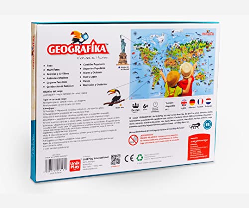 Geografika. Juego de Mesa Familiar con Mapamundi ilustrado. Diviértete aprendiendo Datos del Mundo, como países, Animales y Lugares Famosos. Versión en Español