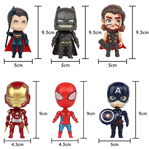 Gxhong Decoración de Pastel de Superhéroes,6pcs Mini Juego de Figuras Decoración para Tartas Avengers Cake Topper Mini Modelo de Spiderman Decoración Captain America, Iron Man, Batman, Thor, Superman