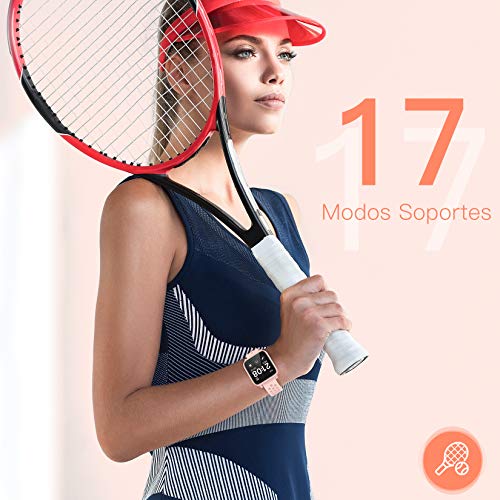 Hommie Reloj Inteligentes Mujer, Smartwatch Mujer con 17 Deportes, Pulsómetros, Monitor de Sueño, Cronómetros, Caloría, Cámara, GPS, Relojes Inteligentes Mujer para iOS y Android, Rosa, 2 Correas