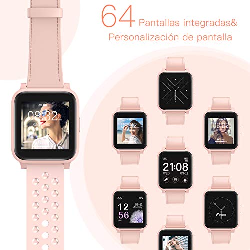 Hommie Reloj Inteligentes Mujer, Smartwatch Mujer con 17 Deportes, Pulsómetros, Monitor de Sueño, Cronómetros, Caloría, Cámara, GPS, Relojes Inteligentes Mujer para iOS y Android, Rosa, 2 Correas