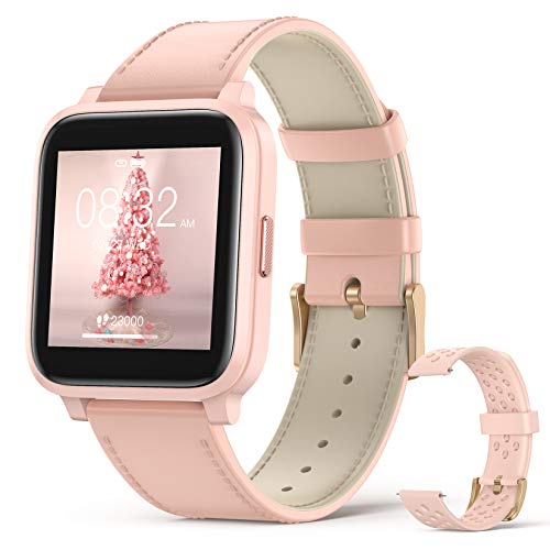 Hommie Reloj Inteligentes Mujer, Smartwatch Mujer con 17 Deportes, Pulsómetros, Monitor de Sueño, Cronómetros, Caloría, Cámara, GPS, Relojes Inteligentes Mujer para iOS y Android, Rosa, 2 Correas