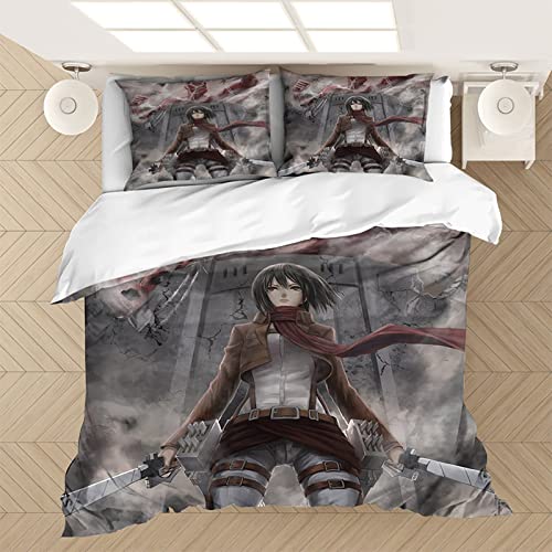 itachigo Anime Attack on Titan Juego de Cama de 3 Piezas Attack on Titan Edredón Funda nórdica Ropa de Cama para el hogar y la Escuela Funda nórdica de 1 Pieza Funda de Almohada de 2 Piezas