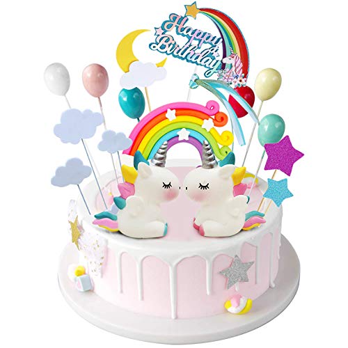 iZoeL Unicornio Decoración de Tartas Cumpleaños Happy Birthday Banderines Globos Arcoiris Estrella Cake Topper Decorar Tartas Infantiles Niñas