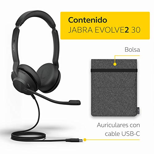 Jabra Evolve2 30 - Auriculares Estéreo con Cancelación de Ruido y Tecnología de Llamada de 2 Micrófonos - Certificados para plataformas UC - Cable USB-C - Negro