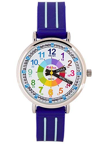 KIDDUS Reloj Educativo para niño, Chica, Chico. De Pulsera, analógico. Time Teacher fácil de Leer para Aprender la Hora. Ejercicios incluídos. Manillas Escritas. Azul