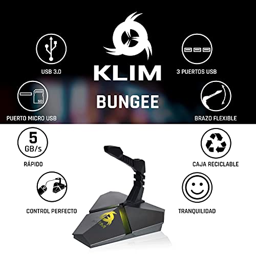 KLIM Bungee - Soporte para Cable de ratón + Hub USB 3.0 con 3 Puertos + Producto multifunción + Retroiluminado + Bungee de ratón con Soporte para Cable + 5 años de garantía + Nueva VERSIÓN 2021