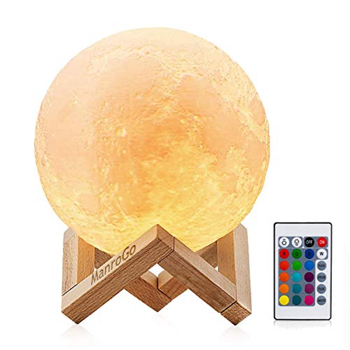 Lámpara Luna 3D, ManroGo 15CM Control Remoto y Control Táctil 16 Colores RGB Brillo Regulable Recargable USB Luz Nocturna Luna LED, Decorativa para Dormitorio Salón, Regalo para Mujeres y Niños