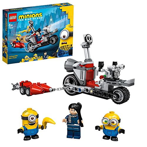 LEGO 75549 Minions El Origen de GRU, Persecución en la Moto Imparable, Moto de Juguete con Mini Figuras de GRU, Stuart y Bob