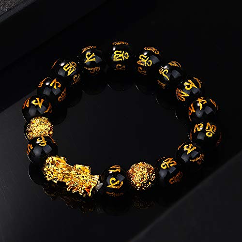 LOLIAS Feng Shui Pulsera Obsidiana Negra Pi Xiu Pulsera China Pulsera Feng Shui Hecha a Mano Amuleto de Cuentas Elástico Atraer Riqueza y Buena Suerte Pulsera para Mujeres Hombres 2 Piezas 10-12 MM