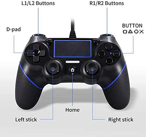 Mando para PS4, Controlador De Juegos Con Cable para PlayStation4 / Pro / Slim / PC, Gamepad Con Vibración Dual, Agarre Antideslizante y Cable USB