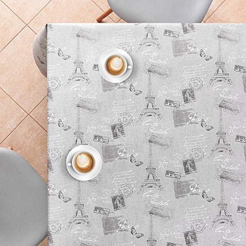 Mantel de Vinilo Gris con Diseño Torre Eiffel de París Latte - Textura en Relieve - Hules Para Mesas Rectangular 200 x 140 cm Mantel Plastico de PVC Repelente al Agua - Fácil Cuidado Reutilizable