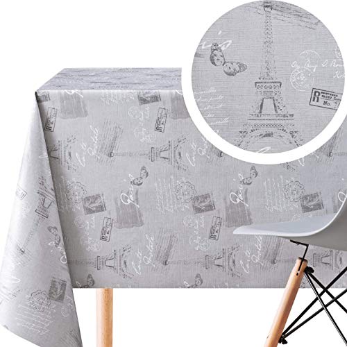 Mantel de Vinilo Gris con Diseño Torre Eiffel de París Latte - Textura en Relieve - Hules Para Mesas Rectangular 200 x 140 cm Mantel Plastico de PVC Repelente al Agua - Fácil Cuidado Reutilizable