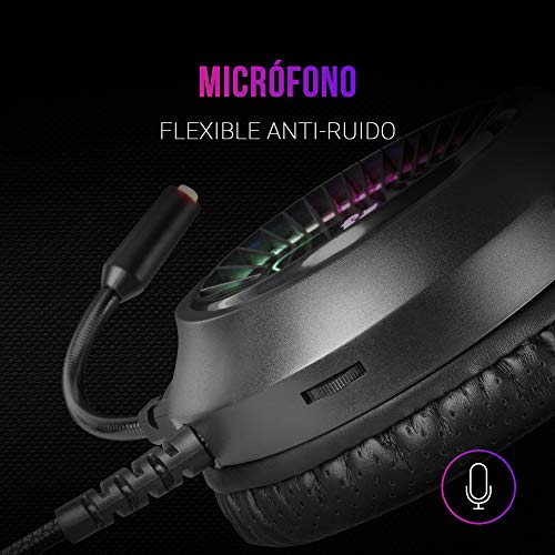 MARSGAMING MH220, Cascos Gaming ARGB SuperBass, Micrófono Flexible, Ultraligero, Negro