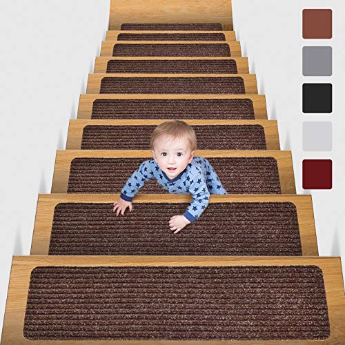 MBIGM 20cm X 76cm (Paquete de 15) Alfombras Antideslizantes Peldaños de Escalera Alfombrilla Antideslizante Interior para niños Mayores y Mascotas con Adhesivo Reutilizable, Marrón