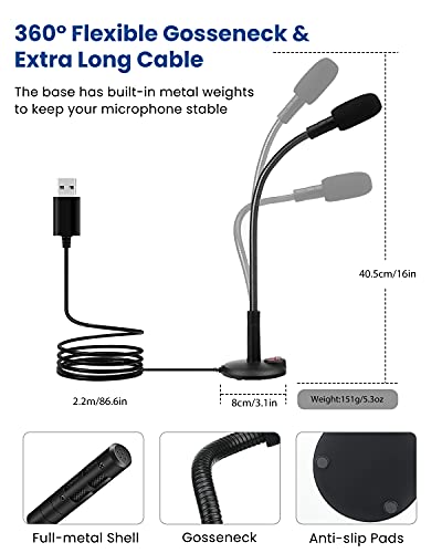Micrófono USB, micrófono de computadora, micrófono Plug & Play de PC, micrófono de PC con botón de silencio Ideal para conferencias Zoom Skype Youtube Podcast, compatible con MacOS Windows