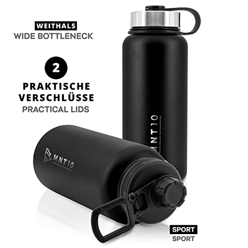 MNT10 Botella de acero inoxidable para agua 500 ml y 1000 ml | Botella térmica para fitness, escuela y oficina | Botellas de agua acero inoxidable | + Tapa deportiva gratuita | Negro 1000ml