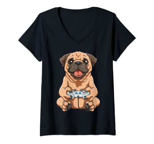 Mujer Pug Y Juegos Divertido Pug Gamer Lindo Juegos Pug Camiseta Cuello V