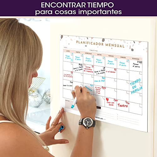 NESKLAR Calendario Mensual magnetico para Nevera - Organizador Mensual en Familia - Pizarra Magnetica - Notas - 3 Rotuladores y 1 Borrador con iman Gratis - Listo para Regalar - En Español