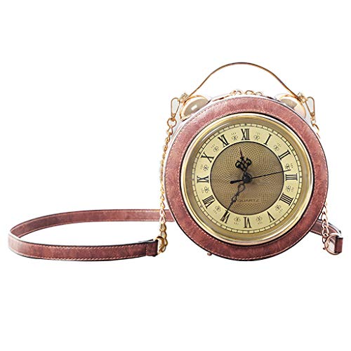 niumanery Clock Bag Real Working, Vintage Messenger Bag, Steam Punk Style Handbag Brown