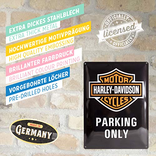 Nostalgic-Art Harley Davidson Parking Only Placa Decorativa, Metal, Negro y Naranja, 30 x 40 cm