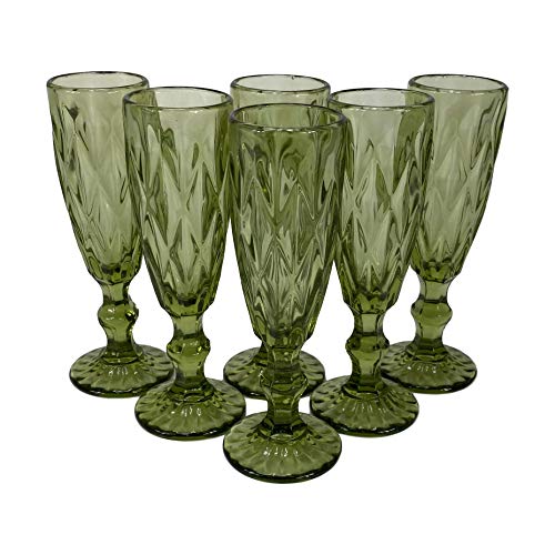 Nuevo Homevibes Juego de 6 Copas de Champgane/Cava, Diseño con Relieve, Capacidad 170ml, Medidas 6x20, (Verde)