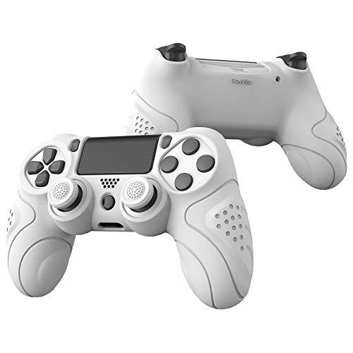 PlayVital Funda de Silicona para PS4 Protector de Piel Carcasa Blanda Antideslizante con 2 Tapas de Joysticks para Playstation 4 Funda de Goma para Dualshock 4 Control(Edición Guardian-Blanco)