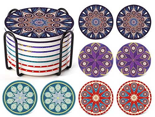 Posavasos Absorbentes con Soporte,J uego de 8 Posavasos de Cerámica con Base de Corcho, Posavasos Mandala para Decoración del Hogar,4 pulgadas | Mandala