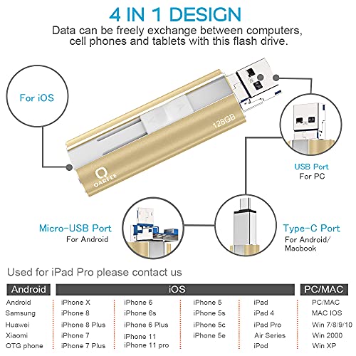 QARFEE Memoria USB 128GB para iPhone Pendrive 4 en 1 USB 3.0 para iPhone Compatible con Android Tipo C iPad Smartphone Windows Mac (128GB, Oro)