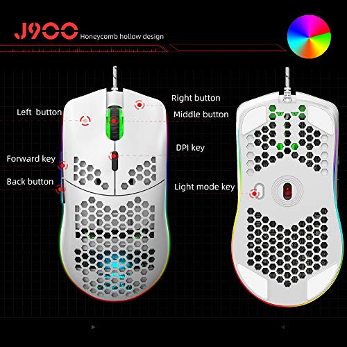 Ratón de Juego Programable 96G con Carcasa de Nido de Abeja Ligera,Sensor Láser de 6400 dpi,Retroiluminación RGB de Arco Iris-Blanco