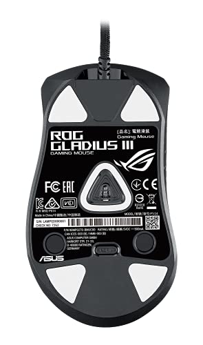 ROG Gladius III - Ratón Gaming asimétrico (26 000 DPI, 1% de desviación, Botones de actuación instantánea, Push-Fit Switch Socket II, estética ROG grabada con láser, ROG Paracord, Aura Sync) - Negro