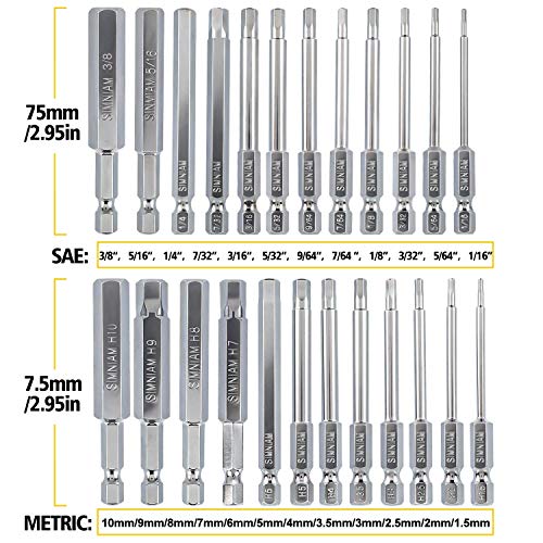 Simniam 24 piezas 75 mm Hexagonal Magnetico Destornillador de Punta, S2 acero magnético 1/4 pulgadas destornillador hexagonal interior juego de puntas hexagonales