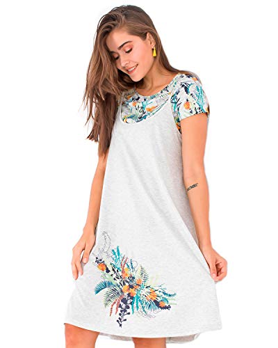 Smash! Vestido Blanco Playero Efecto Doble Camiseta con Estampado Tropical Vestido de Manga Corta y Cuello Redondo para Mujer de Veravo Dress Mina