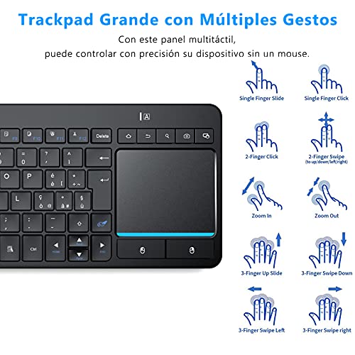 Teclado Inalámbrico Bluetooth con Touchpad, Teclado Trackpad Español Compacto Portátil, Teclado Multidispositivo 2.4G USB y Bluetooth para TV Tableta Android iPad Mac Windows PC Portátil, Negro