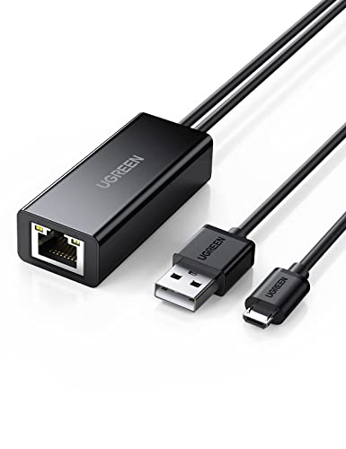 UGREEN Adaptador Micro USB a Ethernet RJ45, Adaptador de Red LAN 100Mbps Cable Adaptador Compatible con Fire TV Stick 3/2, Google Chromecast 3/ Ultra/ 2/1/ Audio, Convertidor RJ45 y USB Carga (1 M)