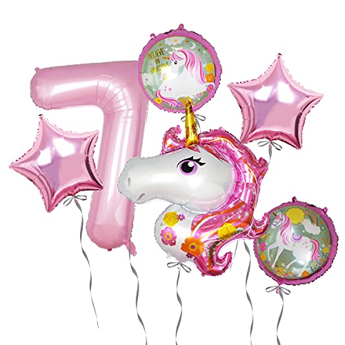 Unicornio Decoración Cumpleaños 7 Años Globos Números Gigantes Unicornio Globo Rosa para Decoración Fiesta Cumpleaños Niña (numero 7)