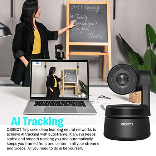 Webcam Ai Camera 2-Axis Gimbal Full HD 1080p AI Tracking Zoom Power Gesture Cámara de video Selfie para reuniones de clase en línea en vivo y transmisión - Negro- OBSBOT Tiny