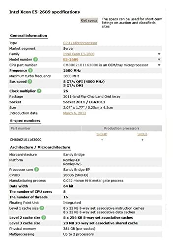 WMUIN UPC procesador E5 2689 LGA 2011 115W 2.6G Hz 8 Core 16 Hilos UPC Procesador de Escritorio Ocho Core E5-2689 Probado 100% Trabajando Hardware de la computadora