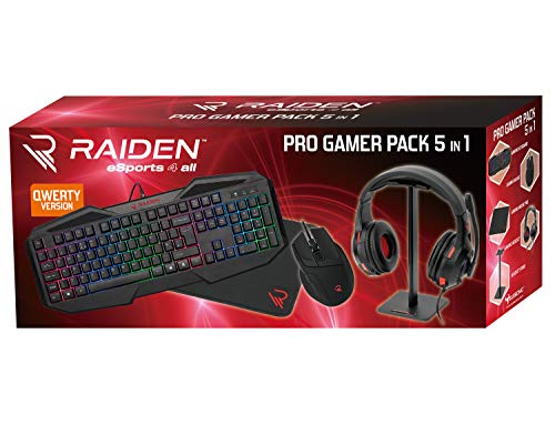 - Raiden - Paquete de accesorios de juego 5 en 1 para PC - Teclado QWERTY - Ratón - Alfombrillas - Soporte para auriculares y cascos (Windows 8)