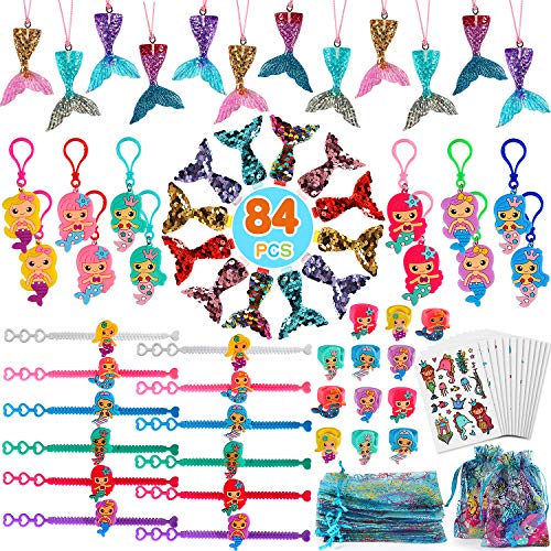 84pcs Sirena Cumpleaños Relleno Piñatas Sirena Llavero Sirena Pulsera Sirena Anillo Sirena Collar Sirena Pinza para Cabello Tatuajes Temporales para Niños Niñas Sirena Fiesta Cumpleaños Artículos