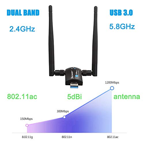 Adaptador WiFi USB, Techkey Antena WiFi para PC 1200Mbps de doble banda 2.42GHz/300Mbps 5.8GHz/867Mbps 5dBi Tarjeta WiFi USB 3.0 PC Sobremesa Ordenador Portátil Soporte Windows 10/8/7/ XP, Mac OS X