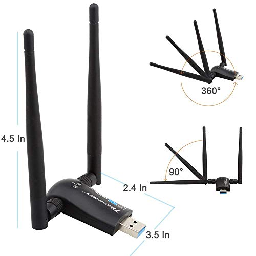 Adaptador WiFi USB, Techkey Antena WiFi para PC 1200Mbps de doble banda 2.42GHz/300Mbps 5.8GHz/867Mbps 5dBi Tarjeta WiFi USB 3.0 PC Sobremesa Ordenador Portátil Soporte Windows 10/8/7/ XP, Mac OS X