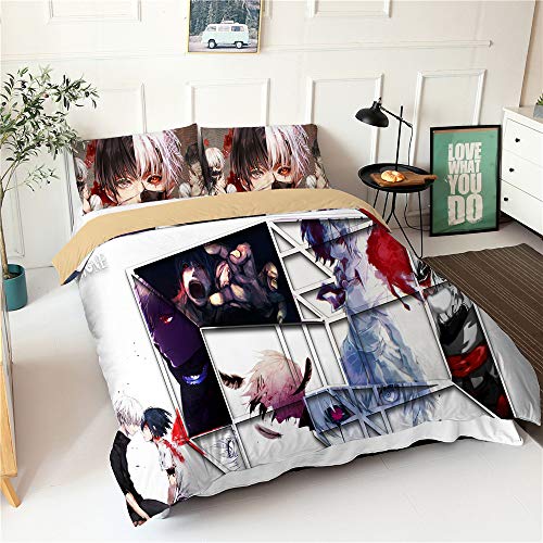 AKIYOBE Tokyo Ghoul Juego de ropa de cama – Funda nórdica y dos fundas de almohada, microfibra con impresión digital (15,200 x 200 cm + 80 x 80 cm x 2)