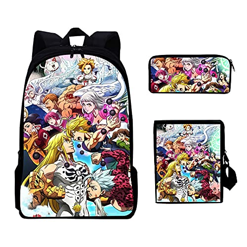 Anime The Seven Deadly Sins - Mochila escolar con estuche de almuerzo para niñas y niños de gran capacidad, resistente al agua, a, 30x40x13cm, Mochilas Daypack