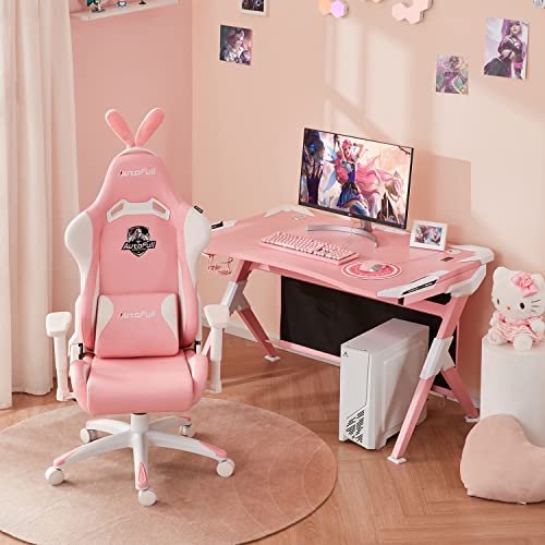 AutoFull Silla ergonómica Rosa para Juegos, Estilo Kawaii, Silla de Oficina de Piel sintética con Respaldo Alto y Orejas de Conejo y Cola