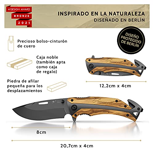 BERGKVIST K29 Titanium Cuchillo plegable - Navaja de bolsillo 3 en 1 con rompe cristales y corta cinturones - Ganadora del premio de Bronze A' Design Award 2021