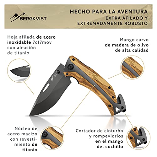 BERGKVIST K29 Titanium Cuchillo plegable - Navaja de bolsillo 3 en 1 con rompe cristales y corta cinturones - Ganadora del premio de Bronze A' Design Award 2021