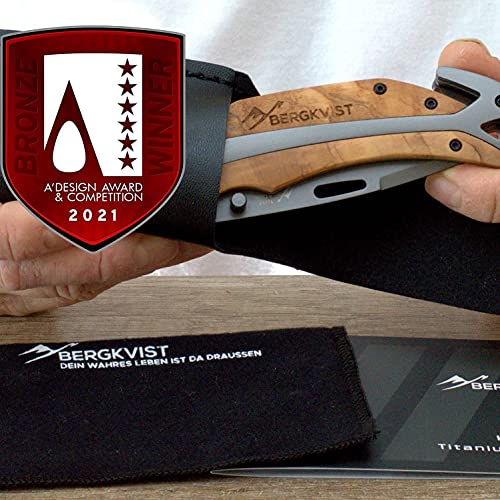 BERGKVIST K29 Titanium Cuchillo plegable - Navaja de bolsillo 3 en 1 con rompe cristales y corta cinturones - Ganadora del premio de Bronze A' Design Award 2021