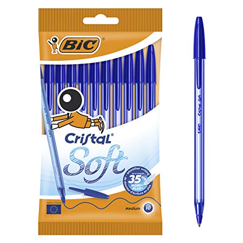 BIC Cristal Bolígrafos, Soft, Azul, Óptimo para material escolar,Punta Media (1,2mm), Material Oficina y Papelaria, Blíster de 50 Bolis