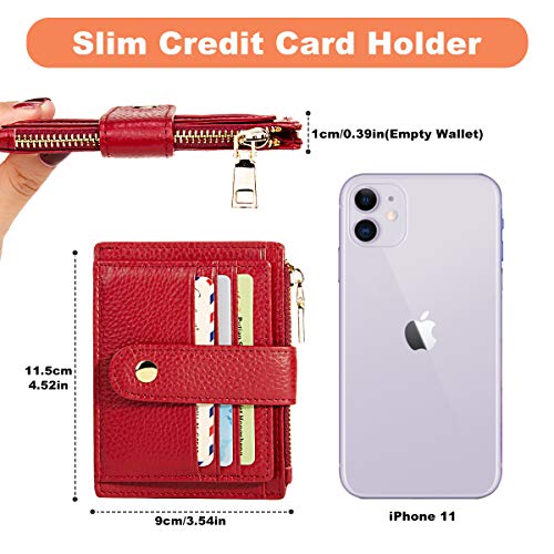 BTNEEU Hombre Mujer Cuero RFID Tarjetero para Tarjetas de Credito, Billetera Minimalista Piel Cartera Pequeña Cuero con Monedero, Mini Monedero Tarjetero Slim Piel con 9 Ranuras para Tarjetas (Rojo)